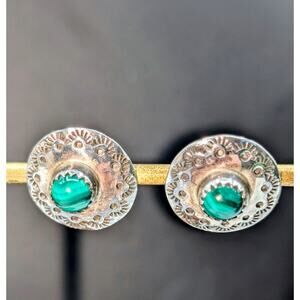 Vintage Sterling Malachite Cabochon Southwest Post Earrings